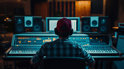 W przytulnym, akustycznie dopasowanym pomieszczeniu, producent muzyczny, z słuchawkami na uszach, skupia się na komponowaniu melodii.