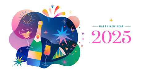 Happy New Year 2025, New Year background, banner, poster design. Modern vibrant illustration, concept design with Christmas decorations, confetti, champaign bottle and fireworks