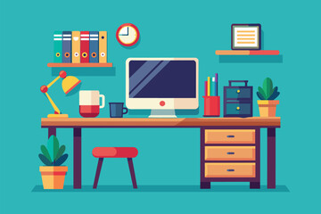 A contemporary desk setup includes a computer, desk lamp, and plants, creating an inspiring workspace atmosphere, A modern desk with a computer and flat illustration.