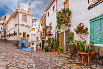 Street with a fountain and decorated with flower pots hanging from the walls of the houses in the...