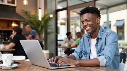 Fototapeta premium african busy professional business man working on business using laptop in cafe smile, smiling
