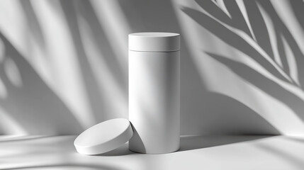 Minimalist cylindrical packaging design with soft shadows and light