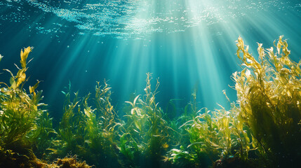 Obraz premium Sceneria z morskimi wodorostami w blasku słońca ukazuje piękno oceanicznego dna. 