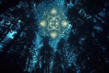 Obraz premium Sacred geometry patterns glowing in the night sky over a dark forest