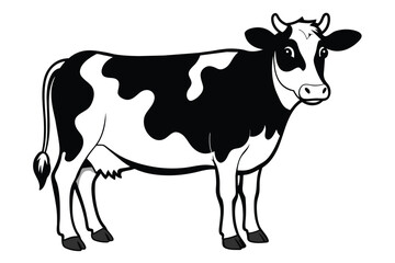 Fototapeta premium This illustration features a cow depicted in a classic black and white design, embodying farm life, A simple black and white flat illustration of a dairy cow.