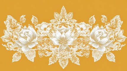 White floral design on a yellow background with three flowers and leaves.