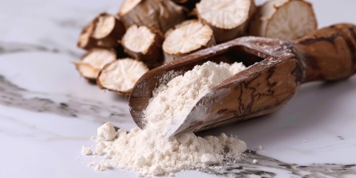Powdered tapioca starch in a wooden scoop alongside dried cassava root