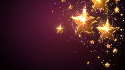 A background with shining golden stars on a deep purple background.