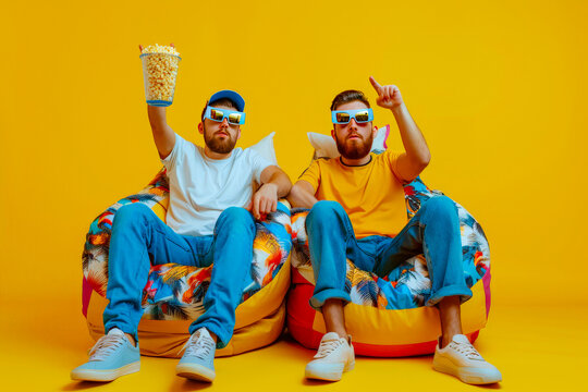 Full body young couple two friends men wearing casual clothes in 3d glasses watch movie film hold bucket of popcorn in cinema sit in bag chair point finger camera on you isolated on yellow background