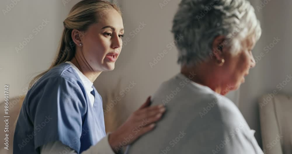 Canvas Prints Comfort, sympathy and nurse with senior woman in retirement home for routine checkup with bad news. Support, healthcare and caregiver with empathy for elderly patient for diagnosis at assisted living