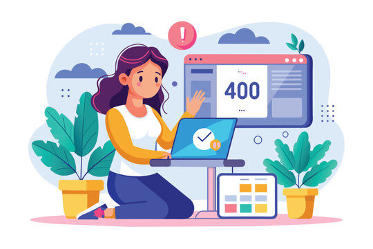 A woman appears confused while encountering a 400 error page not found on her laptop at home, A woman encounters a 404 error page not found in a flat illustration.