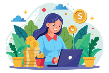 A woman focuses on her business investment plans, surrounded by plants and financial symbols, A woman invests money for her business.