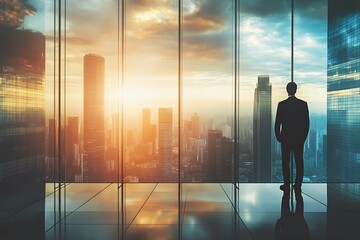Fototapeta premium Silhouette of a businessman looking out the window at cityscape during sunset. Success, ambition, and goals concept.