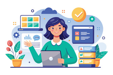 Fototapeta premium A woman is actively managing a website and interacting with digital tools in a vibrant illustration, A woman is hosting a website, shown in a flat illustration.