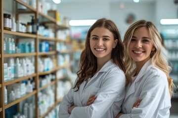 Two women in lab coats standing together, a collaborative moment in a scientific setting
