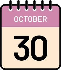 Calendar 30 October date icon with cute pastel colors