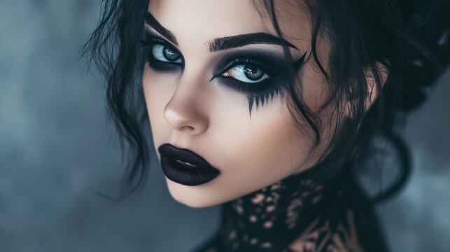 A Gothic-inspired Halloween makeup tutorial, featuring dark lipstick, smoky eyes, and intricate face paint designs, perfect for completing a spooky look.