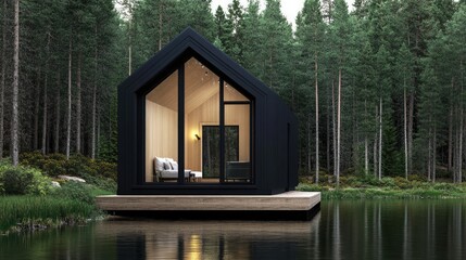 This modern black cabin overlooks a peaceful lake, boasting large windows and a sleek outdoor terrace that seamlessly blends with the forest surroundings