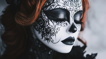 A Gothic-inspired Halloween makeup tutorial, featuring dark lipstick, smoky eyes, and intricate face paint designs, perfect for completing a spooky look.