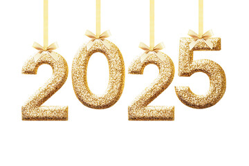 Gold Numbers Ball 2025 New Year Hanging on Ribbon Isolated on White and Png Transparent Background