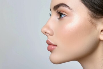 Close-up shot of a woman's face adorned with earrings, suitable for use in beauty or lifestyle contexts