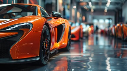 A bright orange sports car displayed in a modern showroom with a sleek background