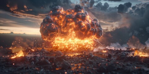 Naklejka premium A massive fireball erupts in the sky, surrounded by thick black smoke