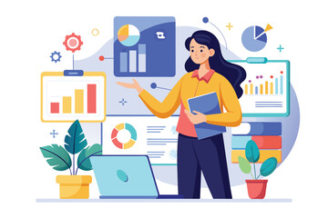 A woman enthusiastically discusses statistics and deadlines while using a laptop in an office, A woman presents statistics, deadlines, and flat illustrations.