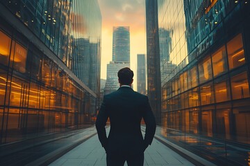 Businessman standing in city street with skyscraper and sunset in background