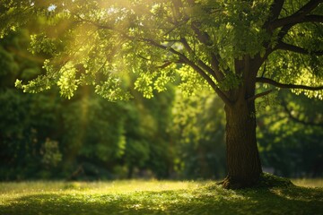 Fototapeta premium A tree with its leaves illuminated by the warm sunlight