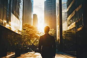 Silhouette of businessman walking towards the rising sun in the city. Concept of new beginnings, ambition, and success