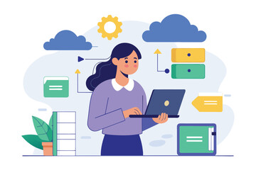 Naklejka premium A woman is happily saving data in the cloud using her laptop, surrounded by graphics symbolizing technology, A woman saves data in the cloud, simple drawing.