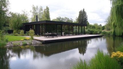 A sleek black cabin features expansive windows that frame the tranquil lake and surrounding trees, creating a perfect backdrop in a minimalist design