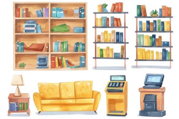 Cozy study space with bookshelves, couch, and desk