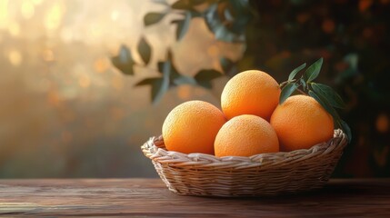 Fresh oranges in a woven basket placed on a sunlit wooden table, AI Generation