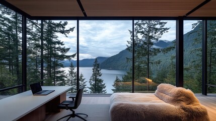 This stylish home office boasts ample natural light from large windows, highlighting a sleek modern desk and white chair against dark grey walls near Mount Rainier