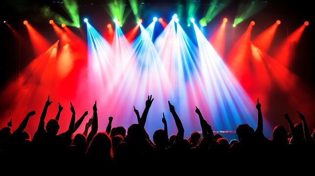 Silhouettes of a crowd of people cheering at a concert with colorful stage lights.