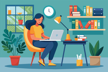 Fototapeta premium A woman sits comfortably at a desk, focused on her laptop in a bright, inviting study filled with plants, A woman sitting on a chair in a study with a computer, illustrated flat.