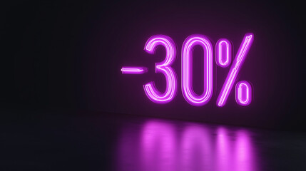 3D Shiny Neon "-30%" Text on Black Background