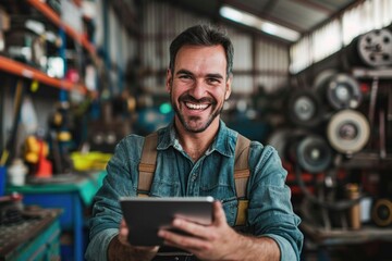 A person smiling and holding a tablet computer