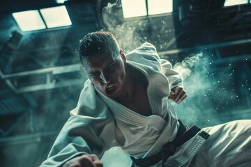 A magician in a white kimono performing a close-up trick, perfect for advertising or editorial use