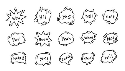 A collection of white speech bubbles in various sizes and shapes