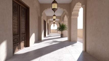 An empty Arabic-style hallway features ornate hanging lanterns, arched columns, and a shining marble floor, bathed in warm sunlight streaming in from the right