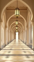 Fototapeta premium An empty Arabic-style hallway features ornate hanging lanterns, arched columns, and a shining marble floor, bathed in warm sunlight streaming in from the right.