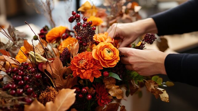A florist creating a custom autumn bouquet with vibrant orange and red flowers, accented by dried leaves and berries.