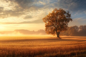 Single Tree Silhouette in Misty Field at Sunset