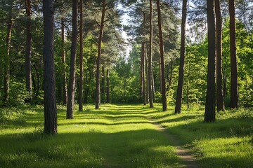 Obraz premium Sunlit path through a dense green forest with tall pine trees and lush grass