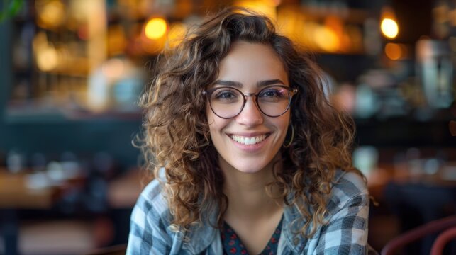 A woman wearing glasses sits at a table working on something