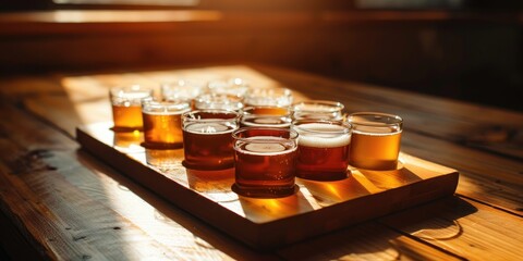 Small servings of beer displayed in a personalized wooden tray, illuminated to emphasize the effervescence of light beers.