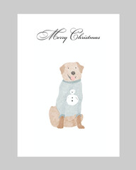 Watercolor cute golden retriever sitting dog in winter sweater snowman illustration. Isolated on white background. Merry Christmas and happy New Year. 